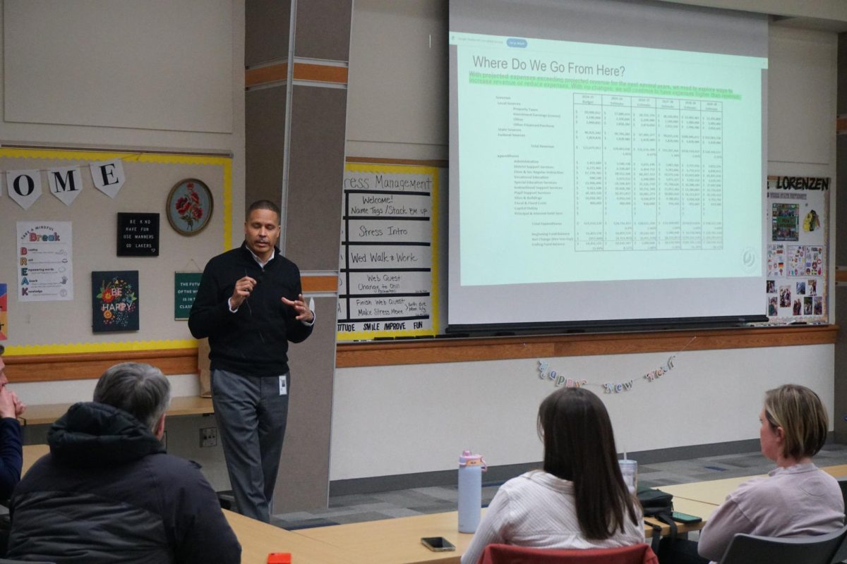 Prior Lake-Savage Area Schools superintendent Michael Thomas explains the next steps for the district's budget process at a town hall meeting at Prior Lake High School on Jan. 29, 2025. Robb Jeffries / PL News Compass