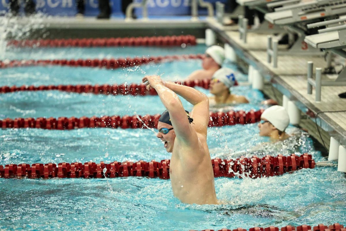 Braxton Helmers celebrates after finishing the anchor leg of Prior Lake's 2025 state championship-winning race in the 200 medley relay. Courtesy photo / Shawn Beaudette