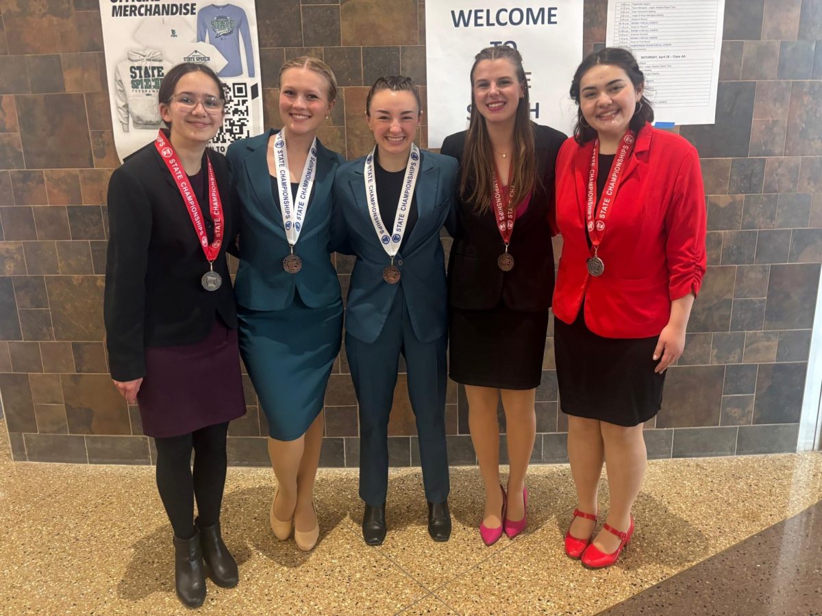 Members of the Prior Lake speech team celebrate placing as finalists in the MSHSL Class AA state tournament this April. Courtesy photo / Prior Lake High School via Facebook
