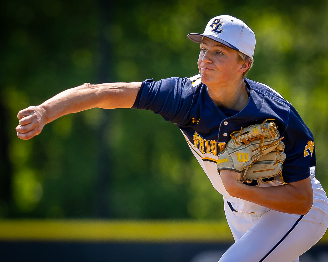 Colten Gunderson fires a pitch in the section playoffs vs. Eden Prairie on May 26, 2025. Courtesy photo / PL Boys Baseball