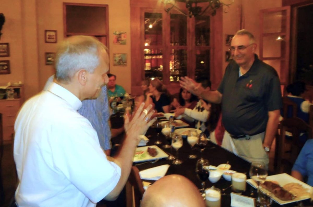 Prior Lake resident Pat Klein (right) receives a blessing in 2015 from Bishop Robert Prevost, who was named Pope Leo XIV earlier this month. Submitted photo
