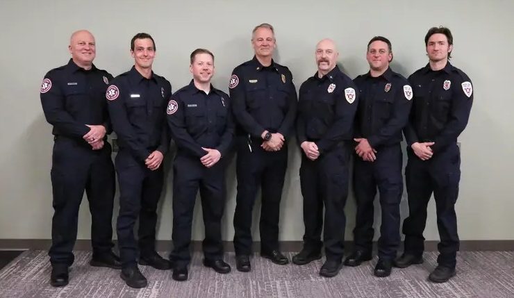 Prior Lake firefighters honored by the Scott County Board for their efforts in savings two lives included, from left to right, Jim Hosinski, Nick Haugen, Mike Pientka, Jim Ruzicka, Darrel Jelle, Thomas Joachim and Sam Sampey. Submitted photo