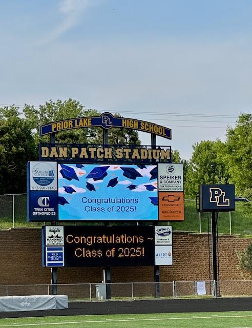 The video board at Dan Patch Stadium honors the PLHS Class of 2025. Jill Kufrin / PL News Compass