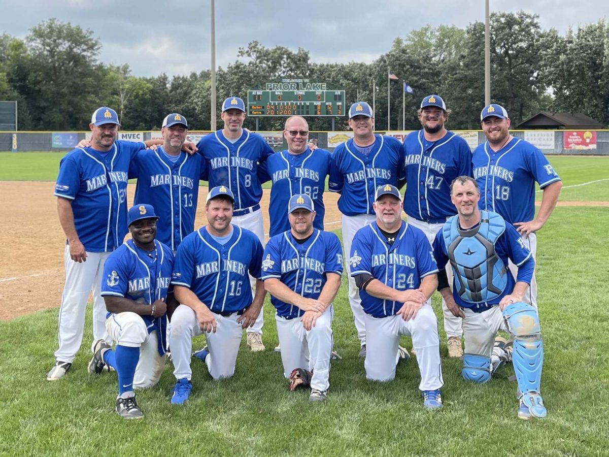 Members of the Prior Lake Mariners team include, back row, left to right, Mike Hess, Bryan Lawrence, Ryan Ernster, Jake Bergstreser, Matt Moriarty, Paul Busselman and Jake Lerher. In the front row are, left to right, Major Chumley III, Matt Lyrenmann, Andy Koehler, Scott Rhone and Chris Petrie. Not pictured are Ben Jacobson, David Busselman, Jim Klugherz, Justin Hackett, Lance Smith and Pete Hohn.