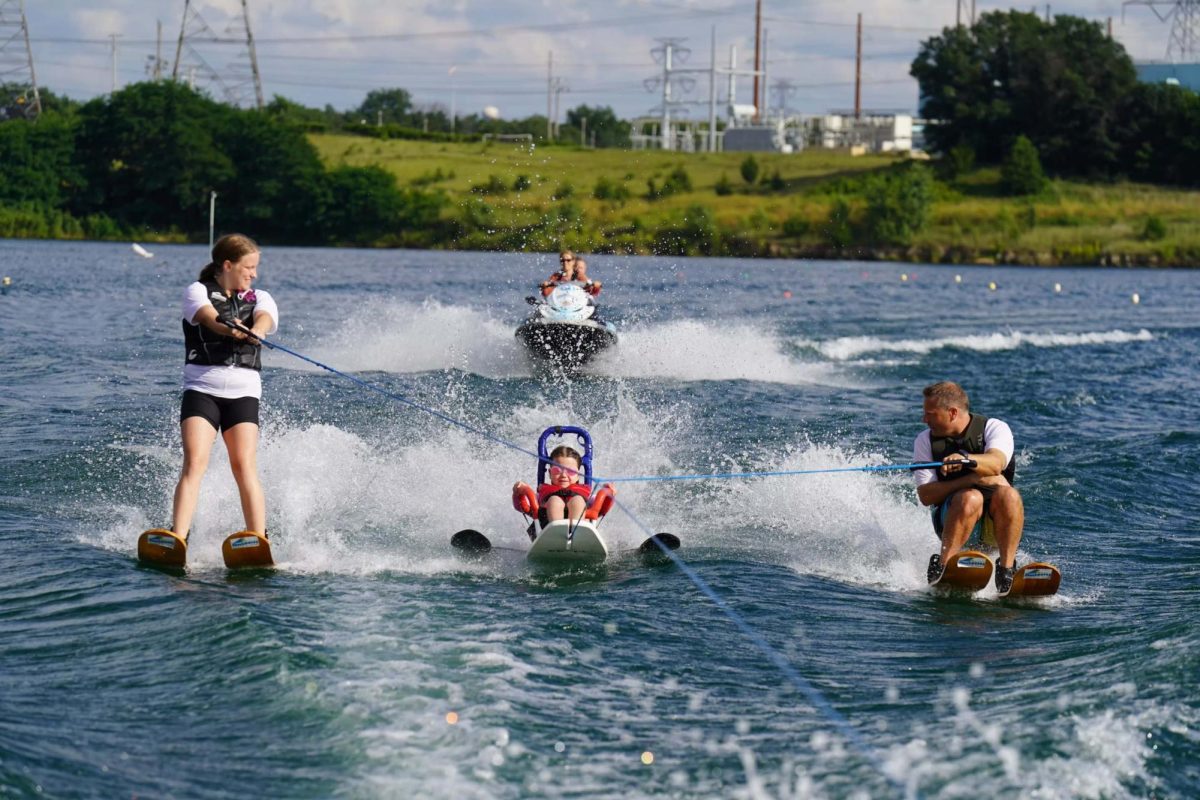 One participant in the Shockwaves adaptive ski program was thrilled to be skiing around Quarry Lake. (Photos by Mike Thibault)