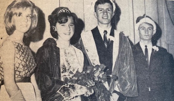 Homecoming royalty for 1965 included, from left to right, Princess Mary Novak, Queen Susan Blohm, King Ronald Tieben and Prince Dean Martin. (Prior Lake American, 1965)
