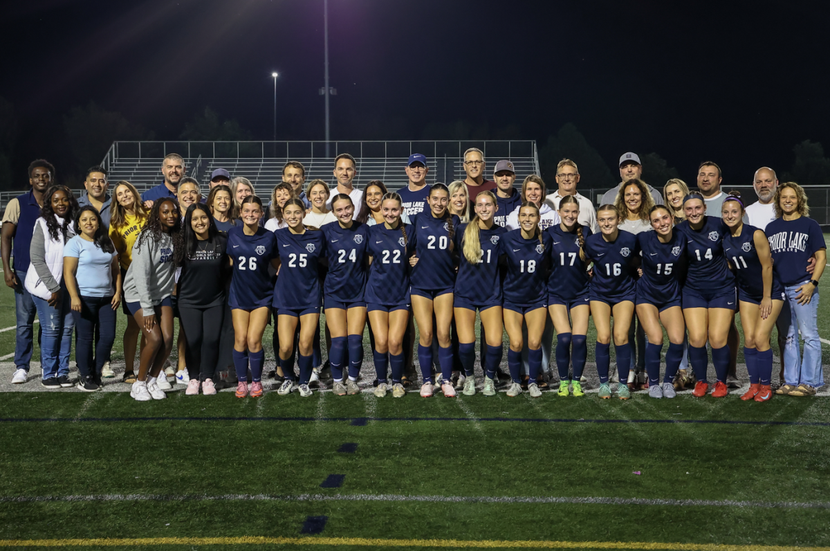 Prior Lake girls’ soccer seniors and their parents celebrated Senior Night before the 6–1 win over Farmington (Caty Mawing Photography)
