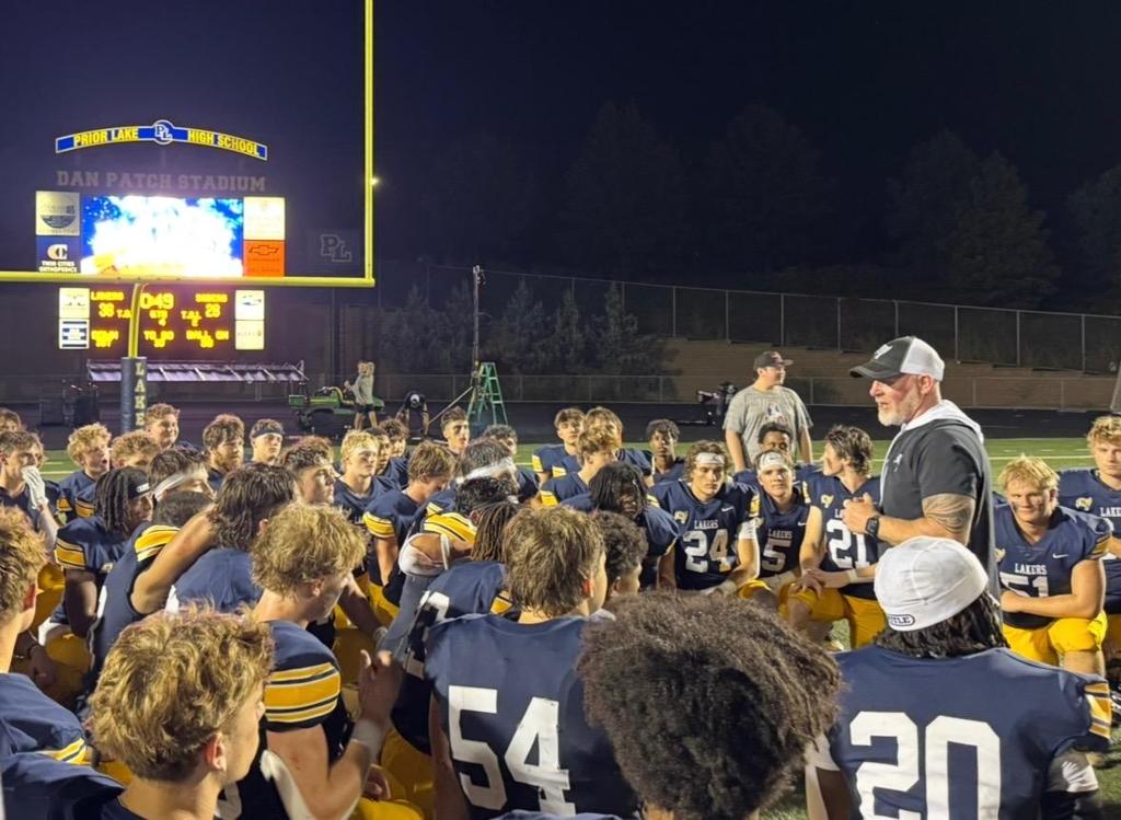 Head coach Matt Gegenheimer addresses the Laker team following its big win over Shakopee.