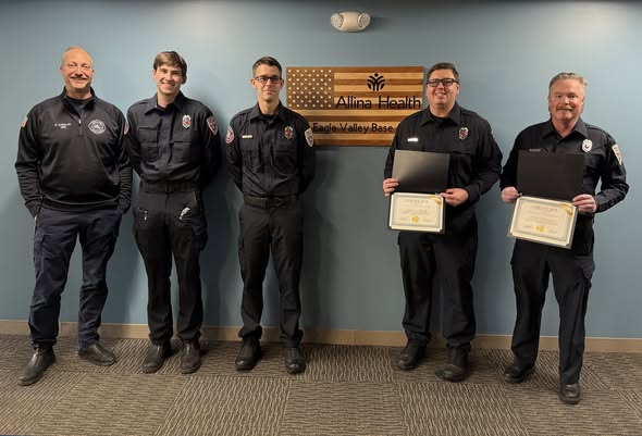 A special "Baby Pinning" ceremony was held Dec. 1, celebrating those who assisted with the birth of Molly Clark's son, Kieran. Pictured are, from left to right, Dan Kasallis, Andrew Smith, Patrick Rose, Spenser Smith and Paul Yttreness. (Photo provided by the City of Prior Lake)