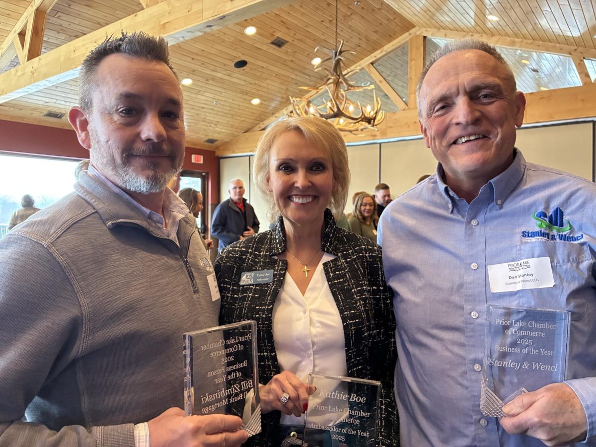 Bill Zimbinski (left), Kathie Boe and Dan Stanley were honored by the Prior Lake Chamber of Commerce for their efforts in promoting local business in 2025.