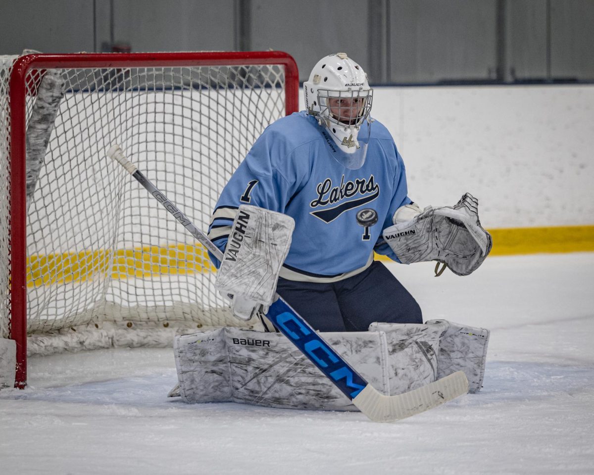 Lakers boys hockey senior goalie Joe Gannon, pictured here in a Dec. 6, 2025, game against Apple Valley/Burnsville, stopped 95 out of 103 shots in three games the week of Jan. 21, 2026. (photo by Caty Mawing)