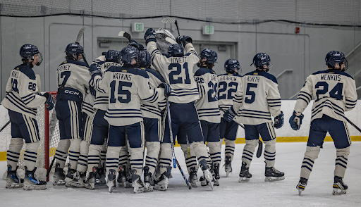 The boys' hockey team celebrates their win against Holy Family (Photo by Caty Mawing Photography)