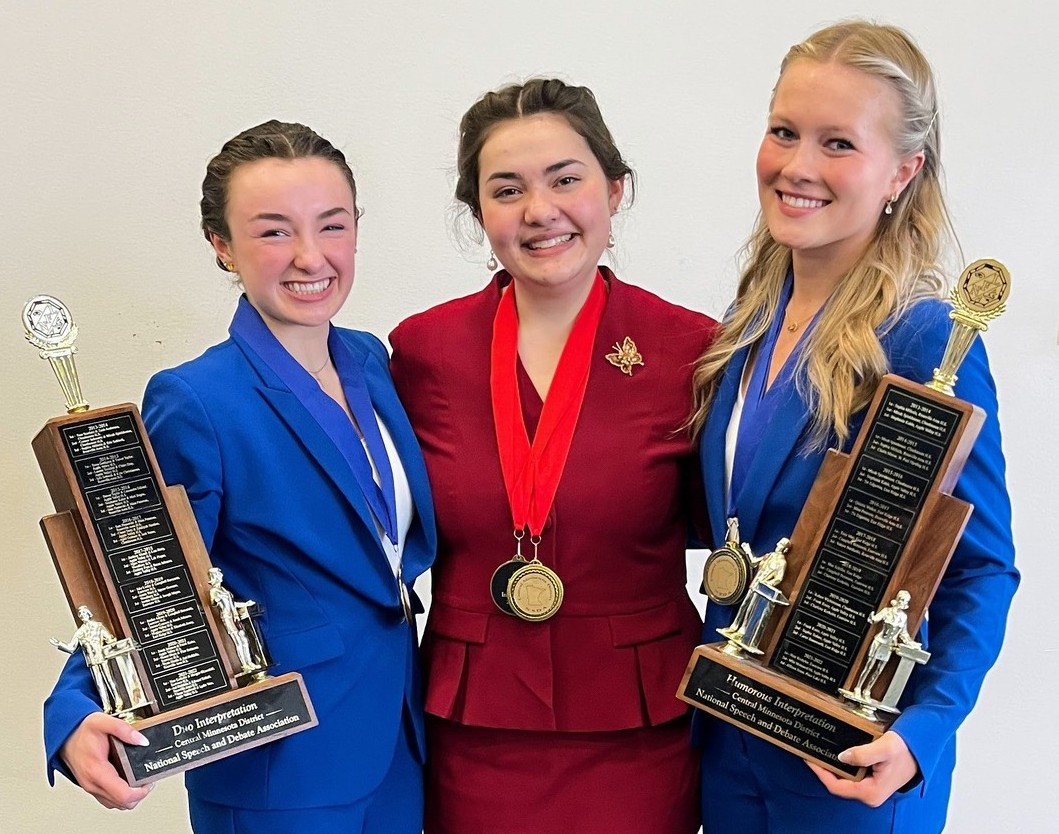 Prior Lake High School Speech Team members who qualified for nationals include, from left to right, Jayden Nelson, Katie Weaver and Chloe Erickson.