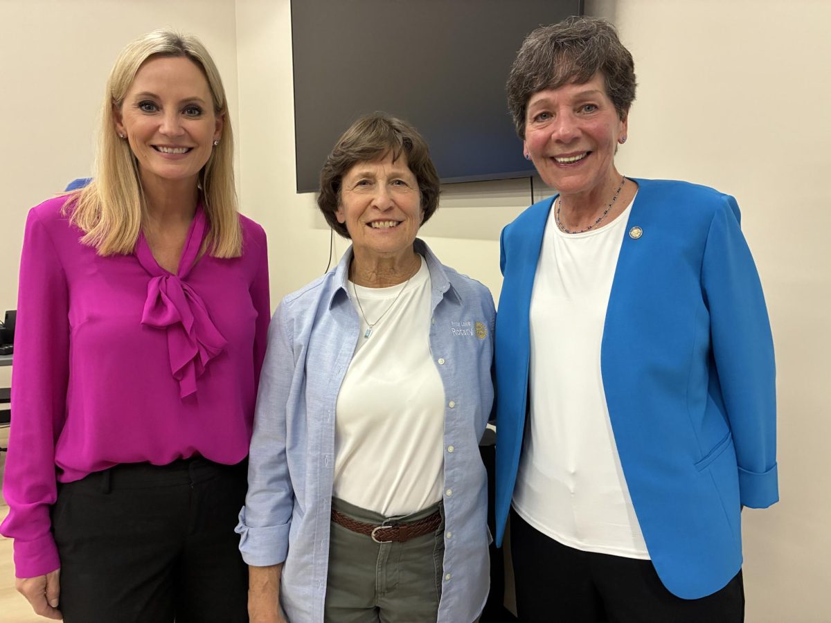 From left to right are Jennifer Mayerle, WCCO-TV reporter, Prior Lake Rotary President Mary Haugen and State Rep. Peggy Bennett.