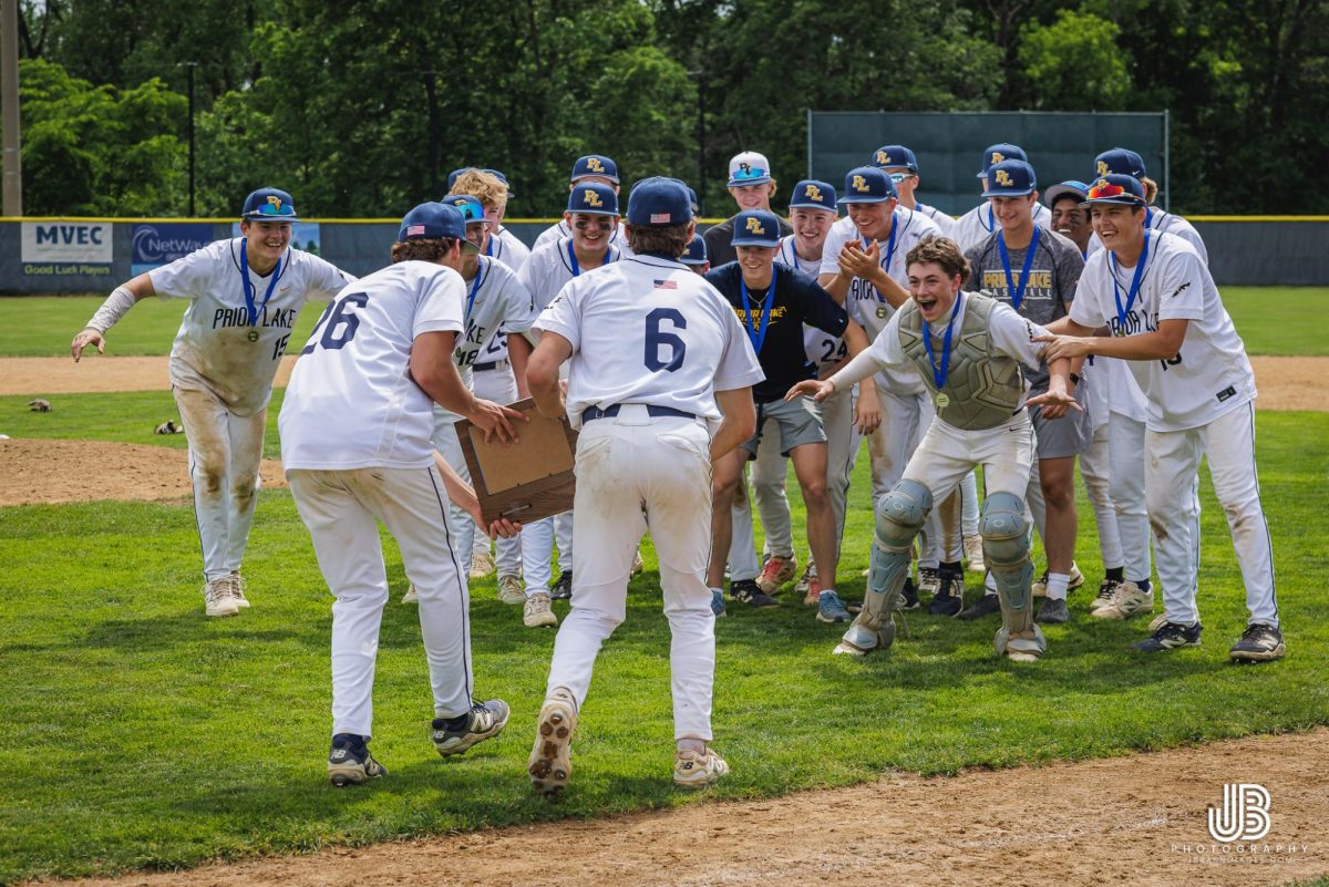 The Lakers' baseball team celebrated after beating Chaska 10-5 on June 4.